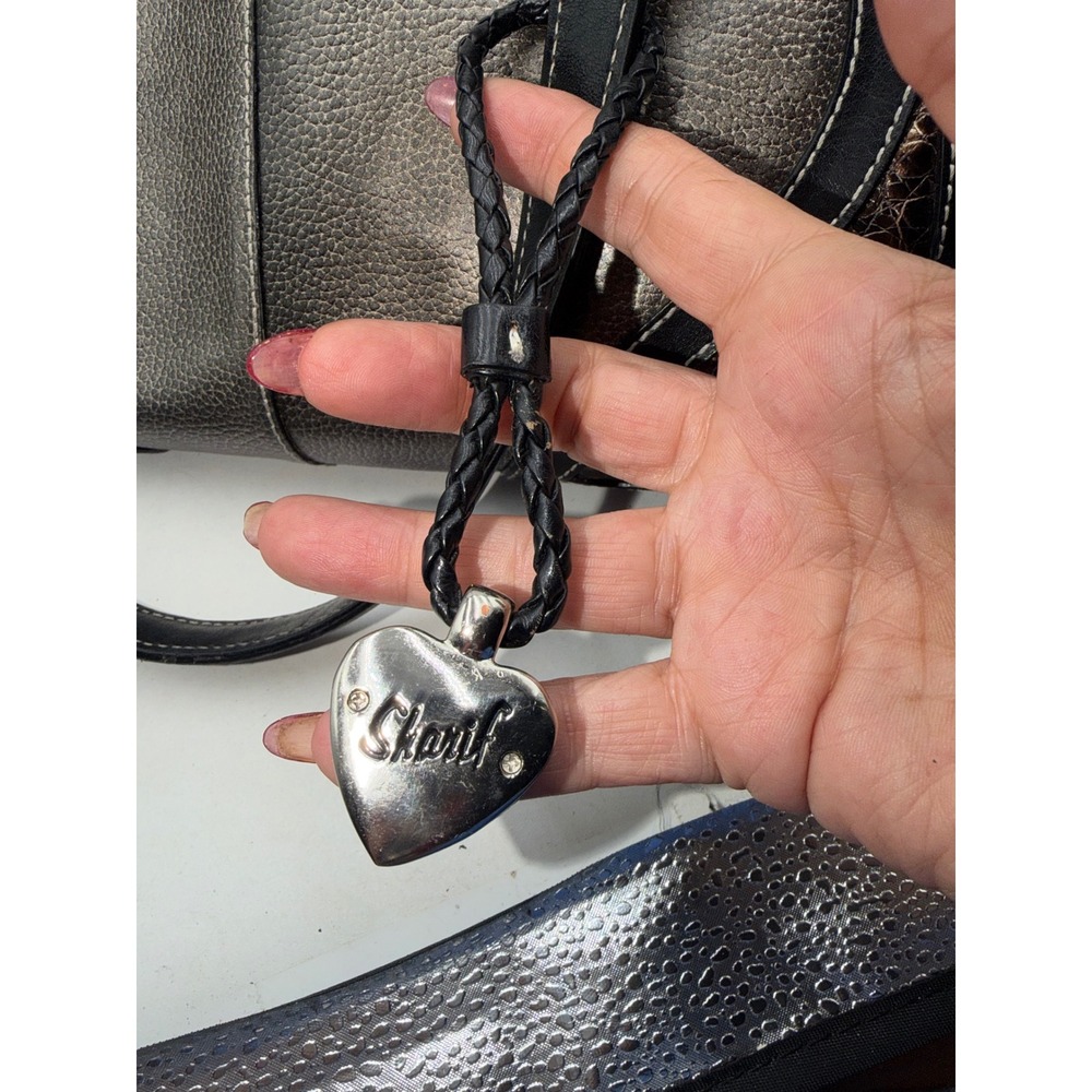 Sharif Studio Metallic Pewter Leather Shoulder Bag Black Trim Lime Green Lining - Picture 9 of 10